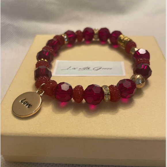 Burgundy Red Crystal Beaded Stretch Bracelet: Gold 'Love' Charm, Handmade - Picture 2 of 4